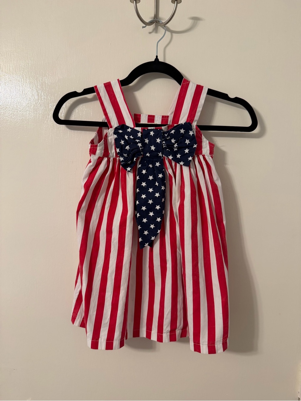 Girls Patriotic Red & White Striped Dress with Navy Star Bow